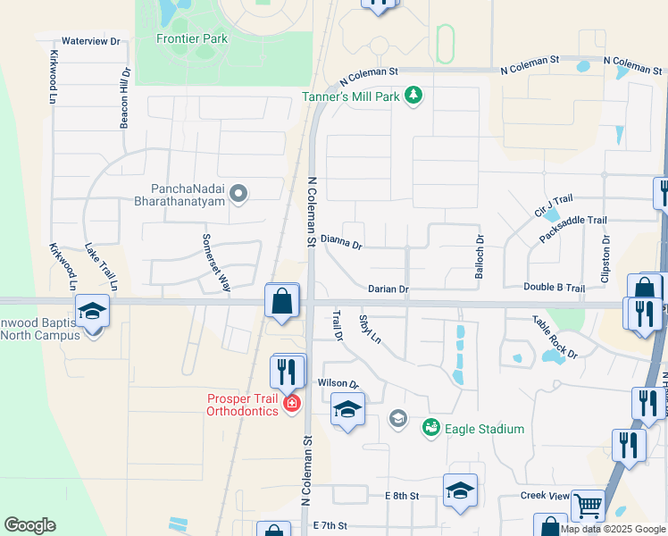 map of restaurants, bars, coffee shops, grocery stores, and more near 150 Darian Drive in Prosper