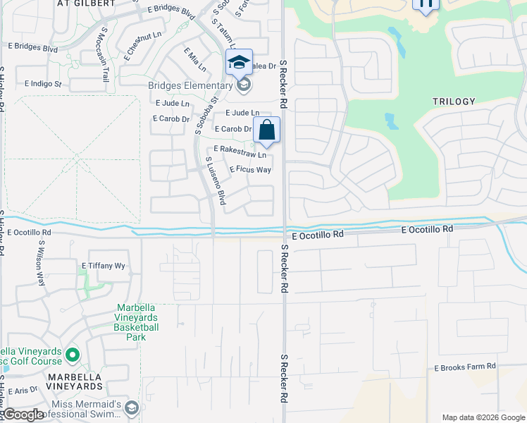 map of restaurants, bars, coffee shops, grocery stores, and more near 3915 East Blue Spruce Lane in Gilbert