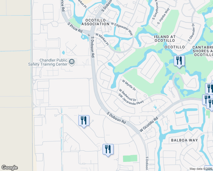 map of restaurants, bars, coffee shops, grocery stores, and more near 2384 West Olive Way in Chandler