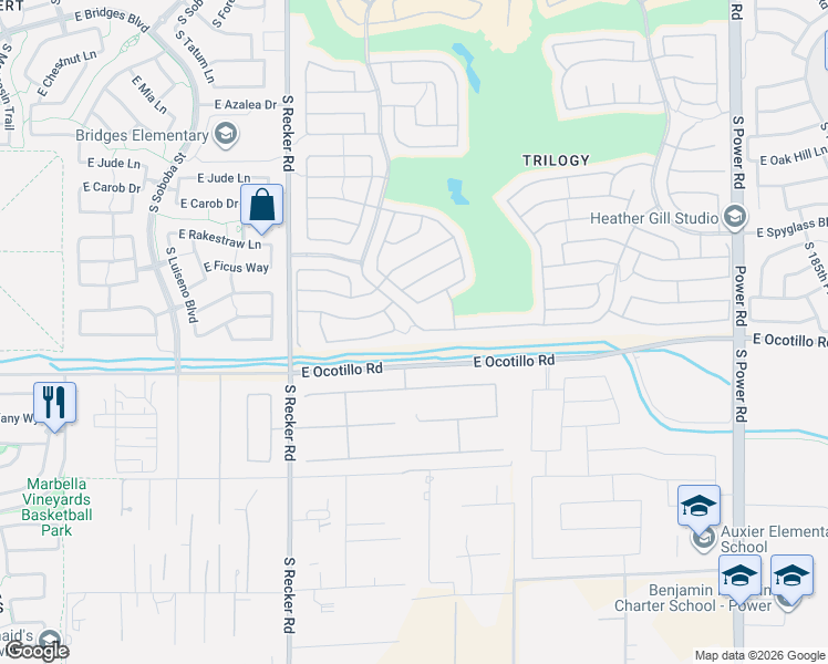 map of restaurants, bars, coffee shops, grocery stores, and more near 4181 East Blue Spruce Lane in Gilbert