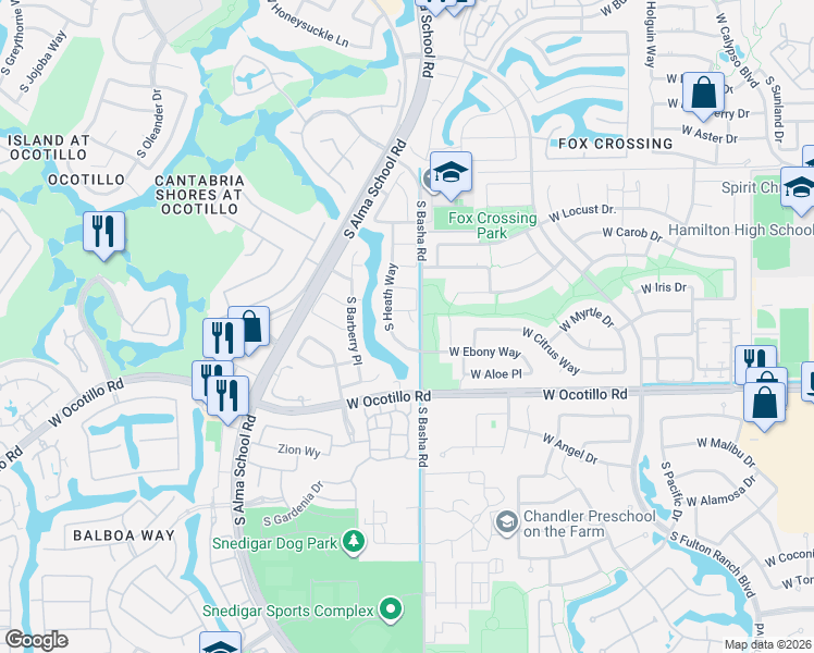 map of restaurants, bars, coffee shops, grocery stores, and more near 3840 South Heath Way in Chandler
