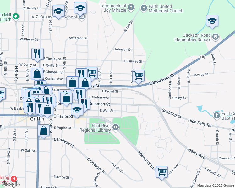 map of restaurants, bars, coffee shops, grocery stores, and more near 708 East Slaton Avenue in Griffin