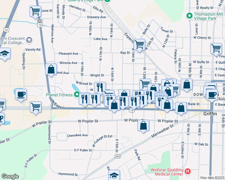 map of restaurants, bars, coffee shops, grocery stores, and more near 923 West Solomon Street in Griffin