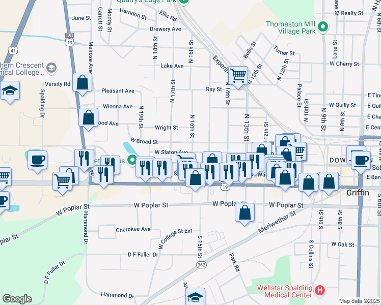 map of restaurants, bars, coffee shops, grocery stores, and more near 923 West Solomon Street in Griffin