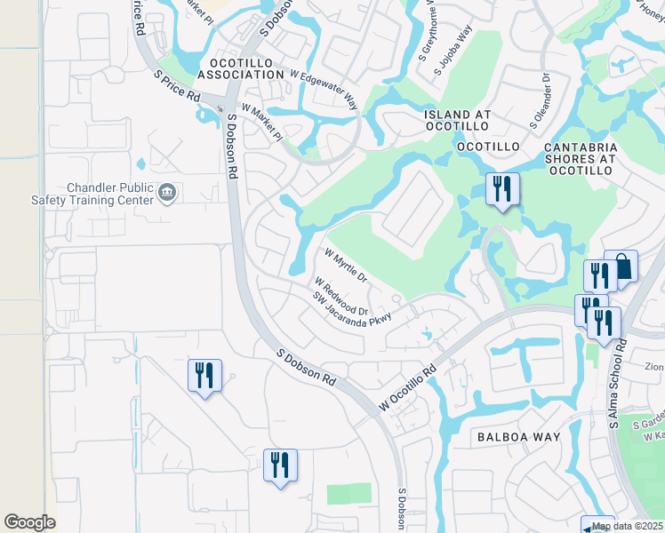 map of restaurants, bars, coffee shops, grocery stores, and more near 3823 South Sage Court in Chandler