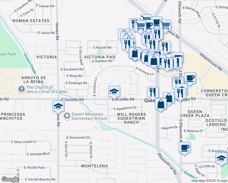 map of restaurants, bars, coffee shops, grocery stores, and more near 20384 East Broadmoor Trail in Queen Creek