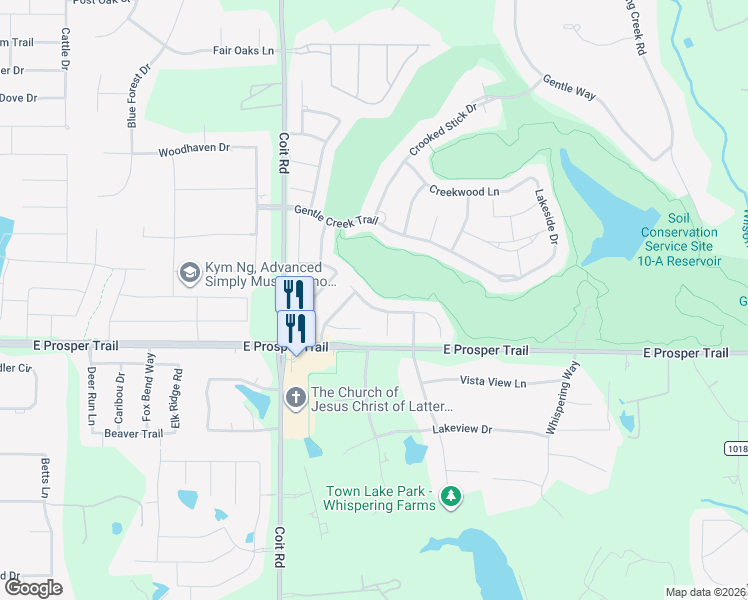 map of restaurants, bars, coffee shops, grocery stores, and more near 2700 Meadow Ridge Drive in Prosper