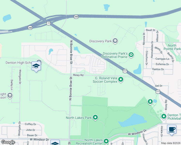 map of restaurants, bars, coffee shops, grocery stores, and more near 2119 Riney Road in Denton
