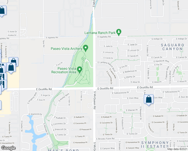 map of restaurants, bars, coffee shops, grocery stores, and more near 19844 South McQueen Road in Chandler