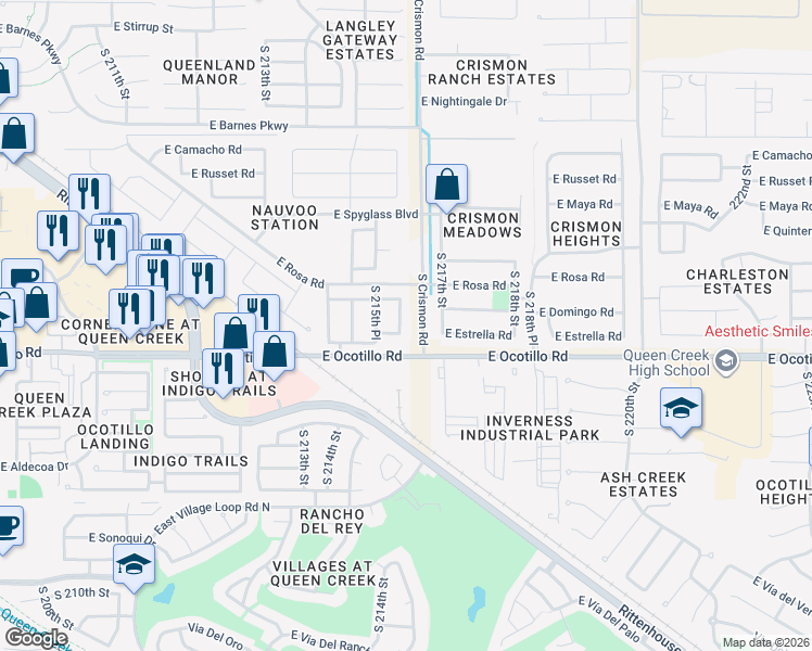 map of restaurants, bars, coffee shops, grocery stores, and more near 21885 South 215th Way in Queen Creek