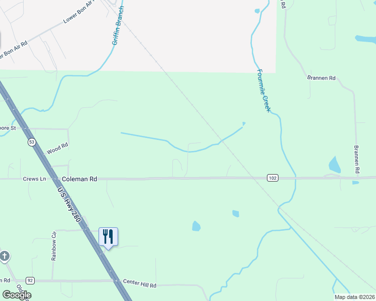 map of restaurants, bars, coffee shops, grocery stores, and more near North Ridge Lane in Sylacauga