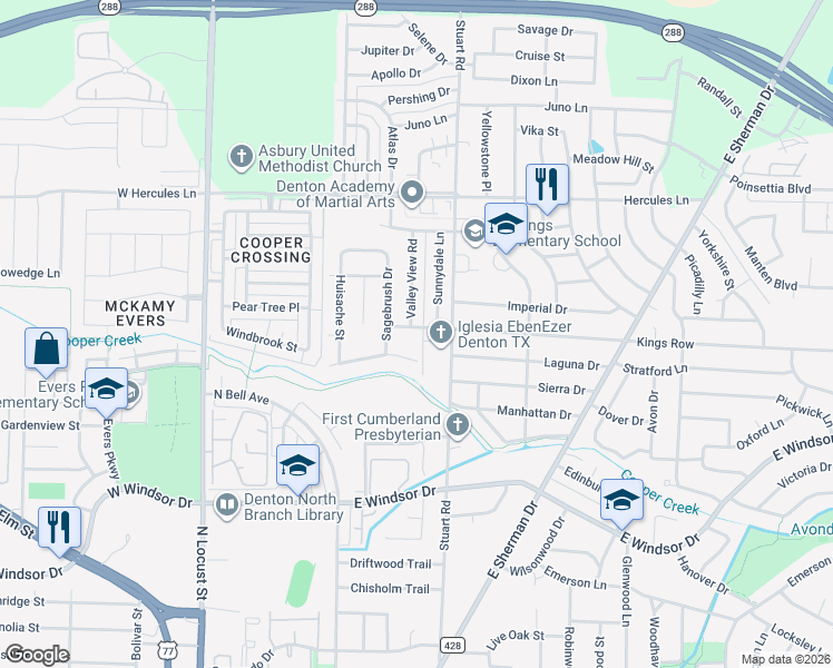 map of restaurants, bars, coffee shops, grocery stores, and more near 702 Kings Row in Denton