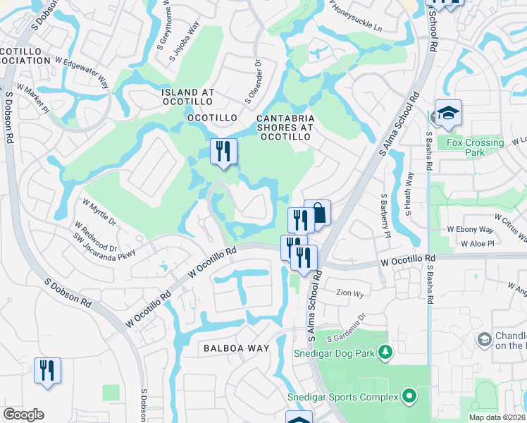 map of restaurants, bars, coffee shops, grocery stores, and more near 3800 South Cantabria Circle in Chandler
