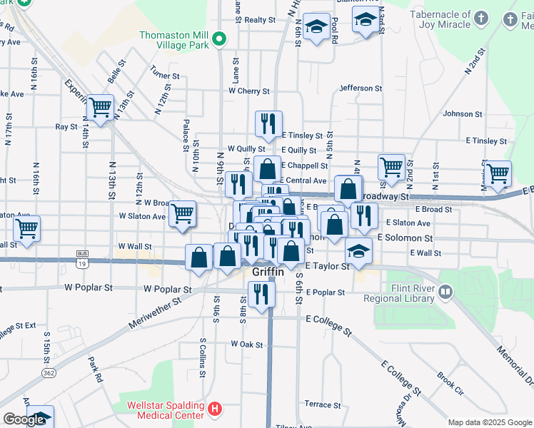 map of restaurants, bars, coffee shops, grocery stores, and more near in Griffin