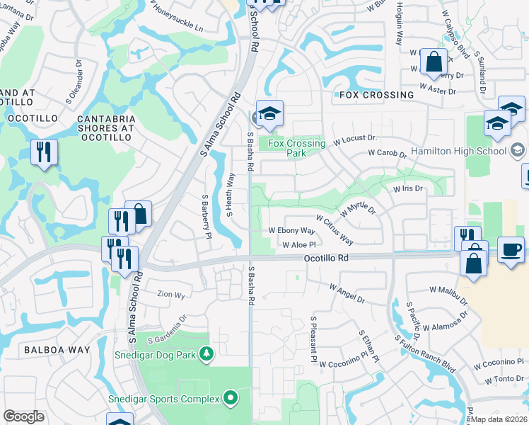 map of restaurants, bars, coffee shops, grocery stores, and more near 3892 South Felix Place in Chandler