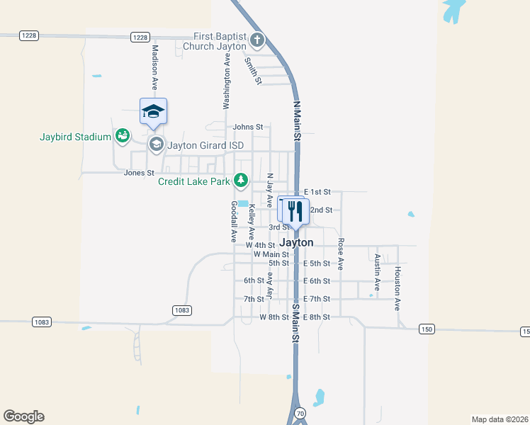 map of restaurants, bars, coffee shops, grocery stores, and more near 3rd Street in Jayton