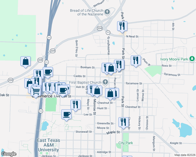 map of restaurants, bars, coffee shops, grocery stores, and more near 1409 Sycamore Street in Commerce