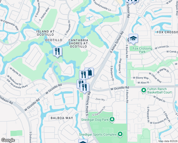 map of restaurants, bars, coffee shops, grocery stores, and more near 3955 Southeast Jacaranda Parkway in Chandler