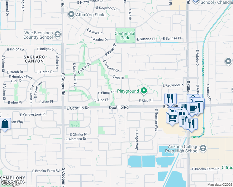 map of restaurants, bars, coffee shops, grocery stores, and more near 2441 East Aloe Place in Chandler