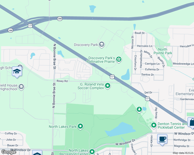 map of restaurants, bars, coffee shops, grocery stores, and more near 3465 Solana Circle in Denton