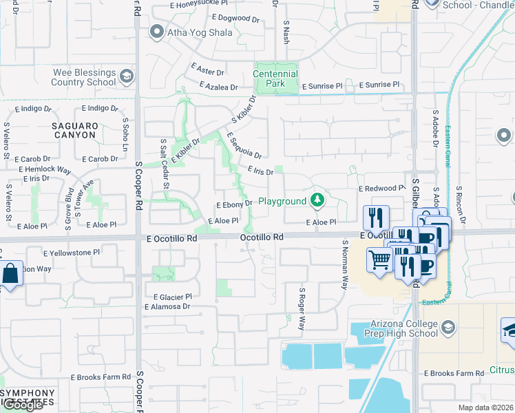 map of restaurants, bars, coffee shops, grocery stores, and more near 2441 East Aloe Place in Chandler