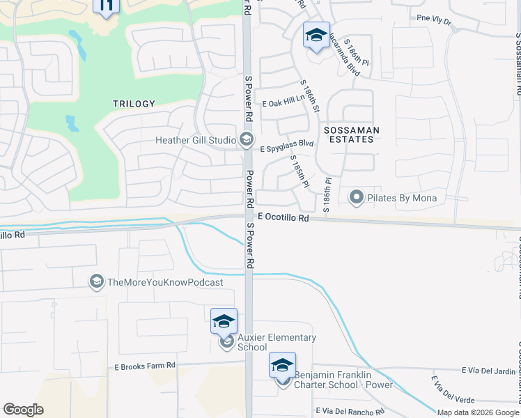 map of restaurants, bars, coffee shops, grocery stores, and more near 22002 South Power Road in Queen Creek
