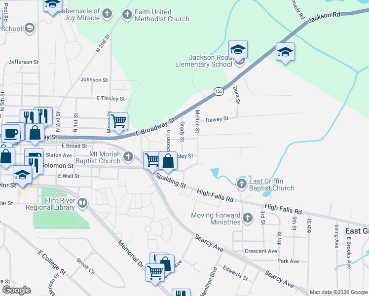 map of restaurants, bars, coffee shops, grocery stores, and more near 108 Grady Street in Griffin
