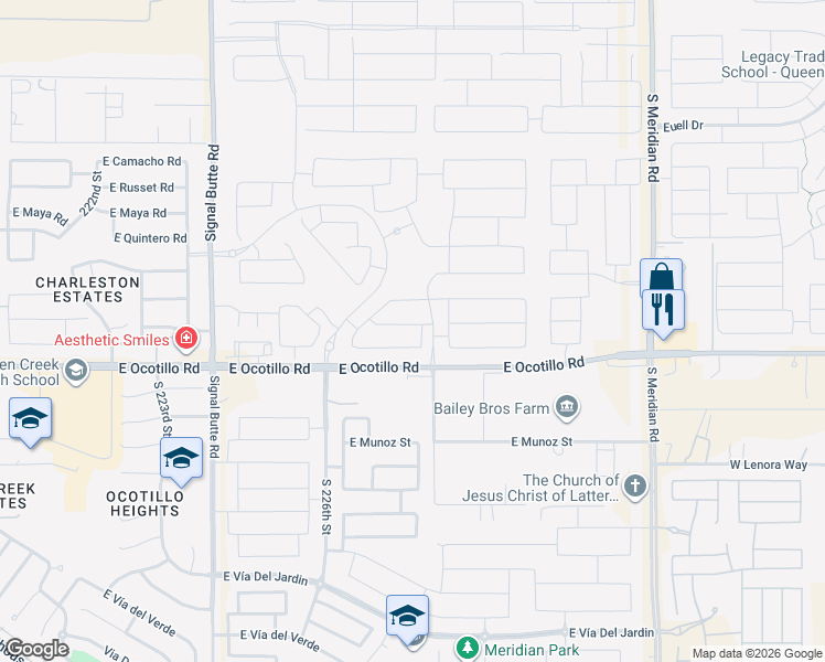 map of restaurants, bars, coffee shops, grocery stores, and more near 22748 East Estrella Road in Queen Creek