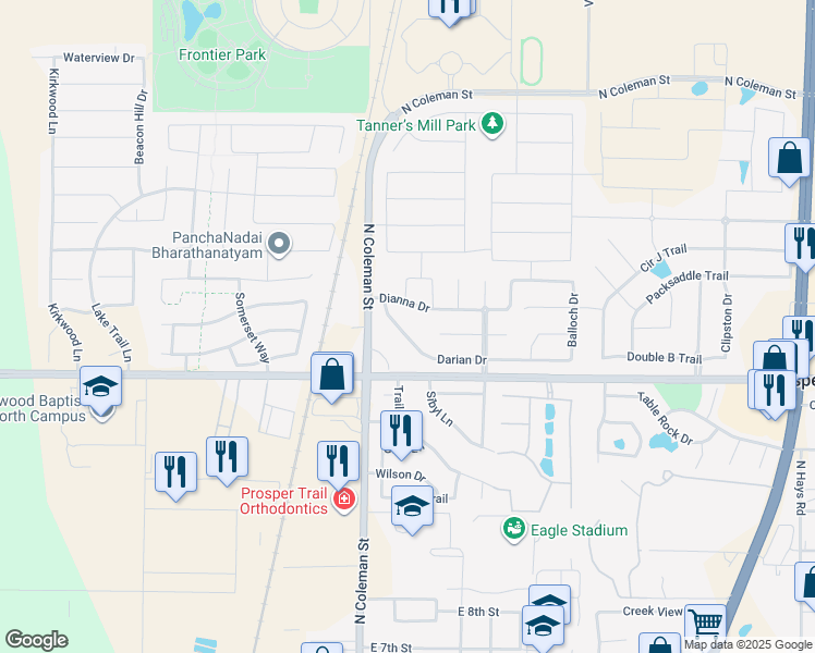 map of restaurants, bars, coffee shops, grocery stores, and more near 101 Darian Drive in Prosper