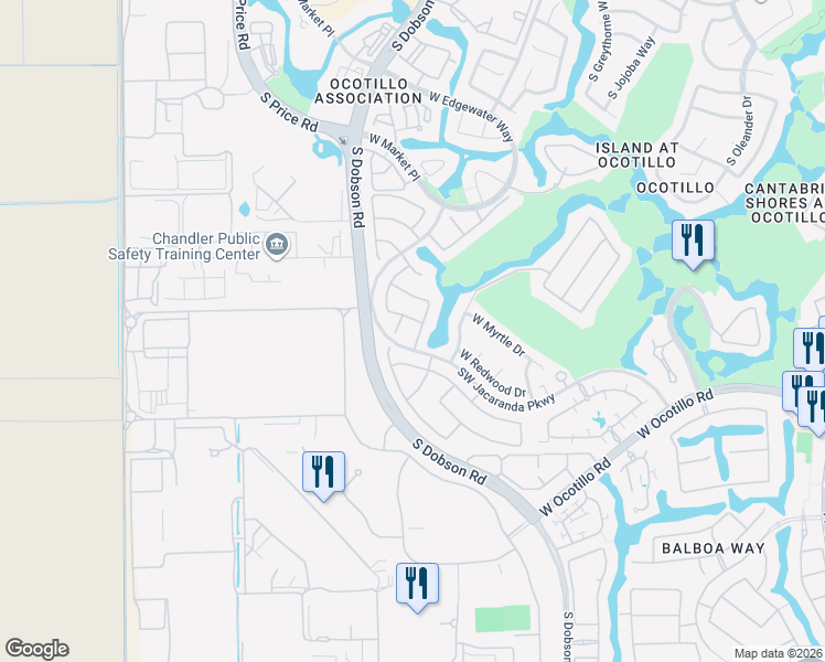 map of restaurants, bars, coffee shops, grocery stores, and more near 2352 West Redwood Drive in Chandler