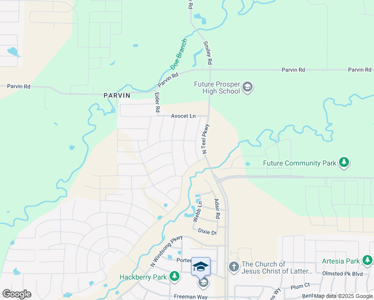 map of restaurants, bars, coffee shops, grocery stores, and more near Prosper Road in Prosper