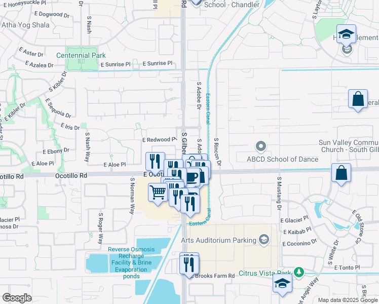 map of restaurants, bars, coffee shops, grocery stores, and more near 3029 East Redwood Court in Chandler