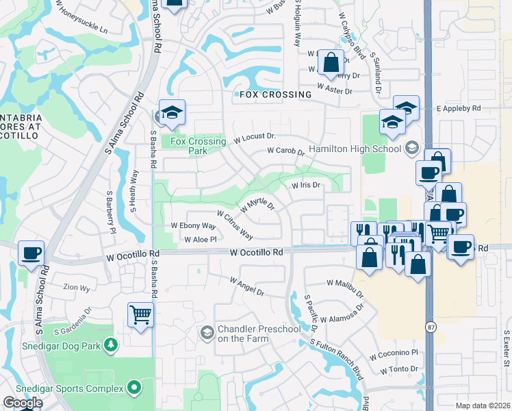 map of restaurants, bars, coffee shops, grocery stores, and more near 646 West Myrtle Drive in Chandler