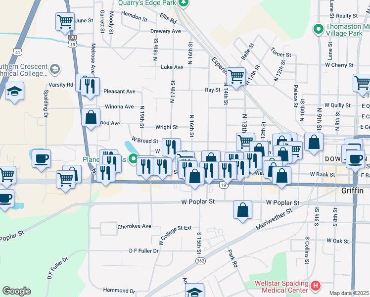 map of restaurants, bars, coffee shops, grocery stores, and more near 1013 West Broad Street in Griffin