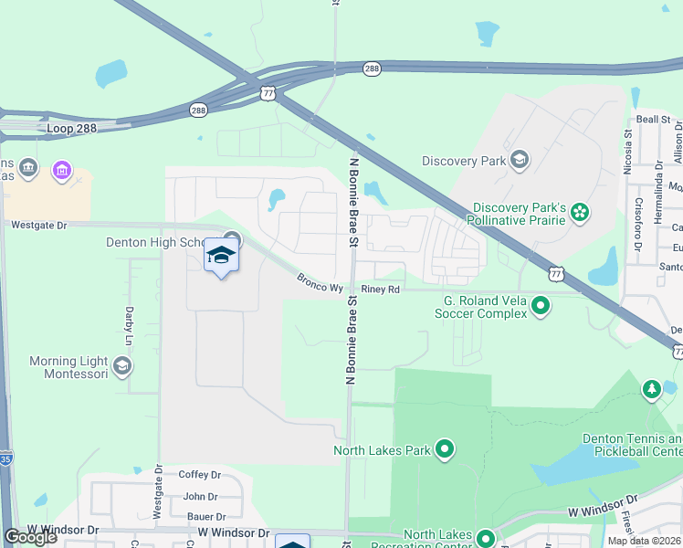 map of restaurants, bars, coffee shops, grocery stores, and more near North Bonnie Brae Street in Denton