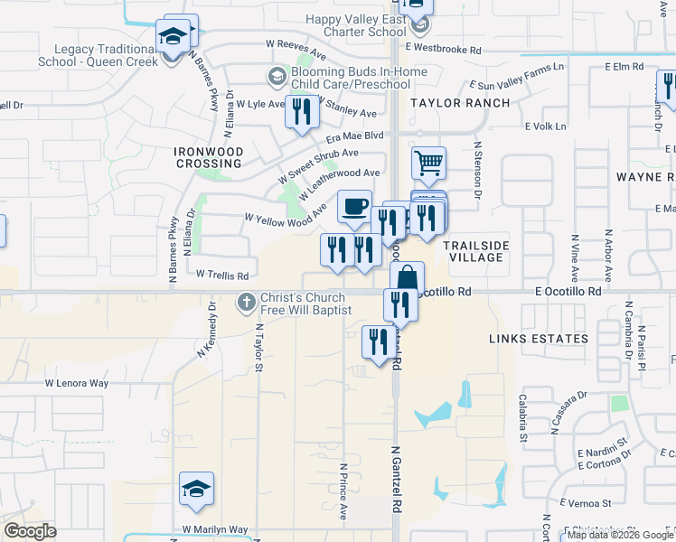 map of restaurants, bars, coffee shops, grocery stores, and more near 40950 North Ironwood Road in Queen Creek
