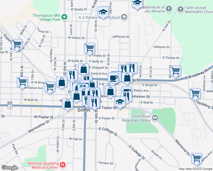 map of restaurants, bars, coffee shops, grocery stores, and more near 232 East Broad Street in Griffin