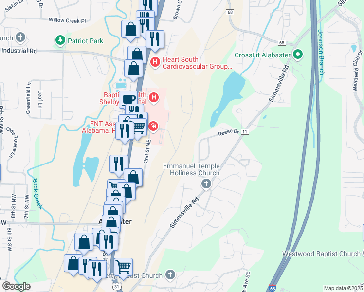 map of restaurants, bars, coffee shops, grocery stores, and more near 722 3rd Street Northeast in Alabaster