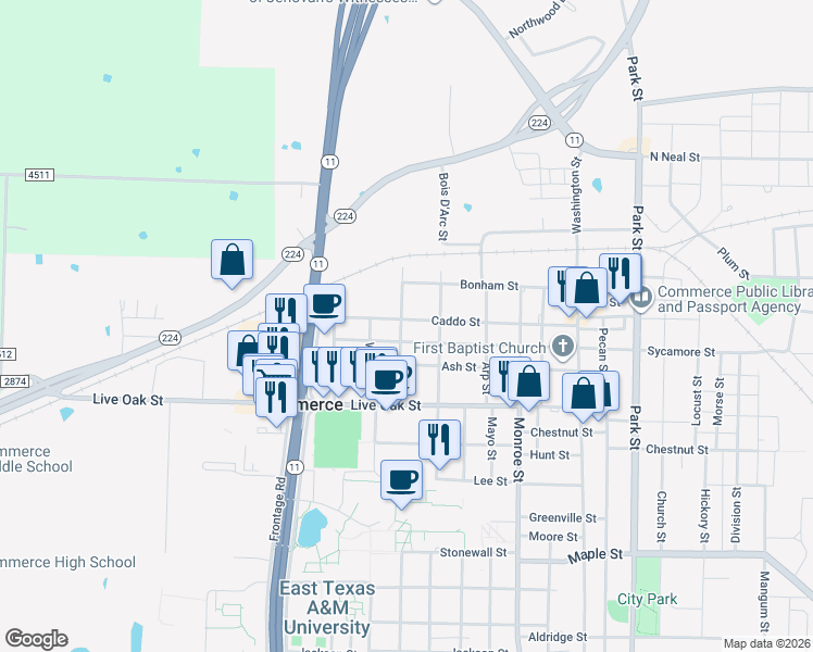 map of restaurants, bars, coffee shops, grocery stores, and more near 1711 Caddo Street in Commerce