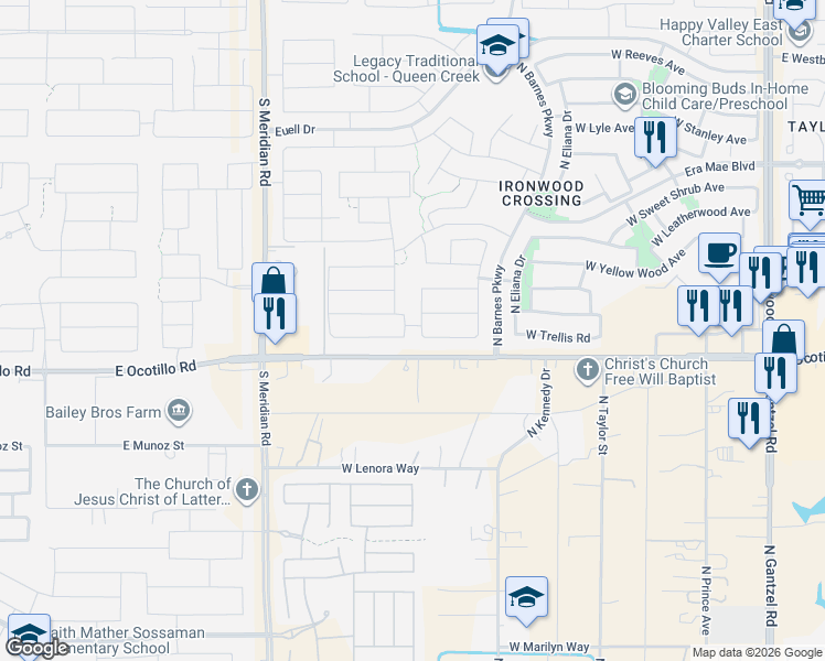 map of restaurants, bars, coffee shops, grocery stores, and more near 40907 North Linden Street in San Tan Valley