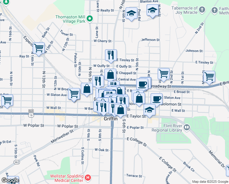 map of restaurants, bars, coffee shops, grocery stores, and more near 134 North Hill Street in Griffin