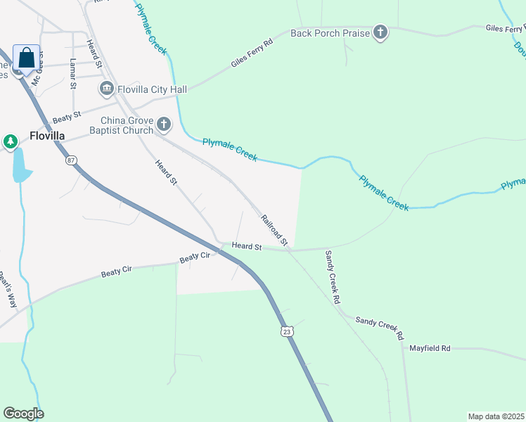 map of restaurants, bars, coffee shops, grocery stores, and more near 637 Railroad Street in Flovilla