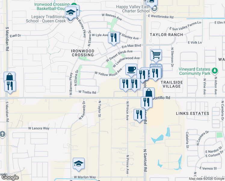 map of restaurants, bars, coffee shops, grocery stores, and more near 481 West Yellow Wood Avenue in San Tan Valley