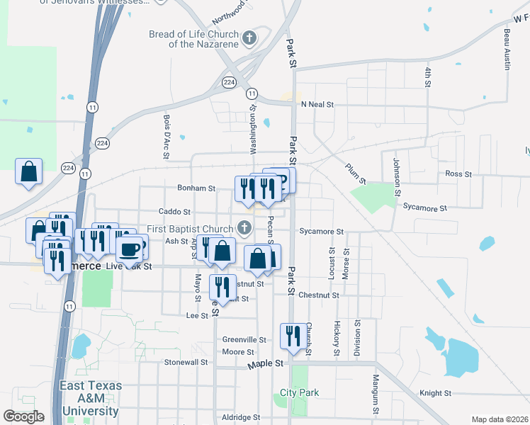 map of restaurants, bars, coffee shops, grocery stores, and more near 1207 Alamo Street in Commerce
