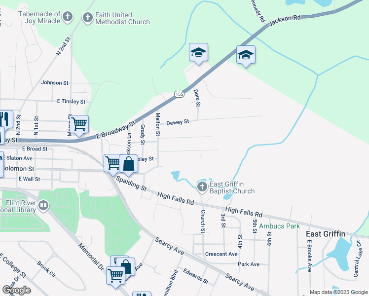 map of restaurants, bars, coffee shops, grocery stores, and more near 251 Lang Street in Griffin