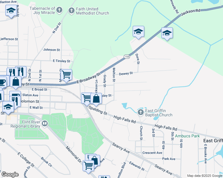 map of restaurants, bars, coffee shops, grocery stores, and more near 170 Grady Street in Griffin