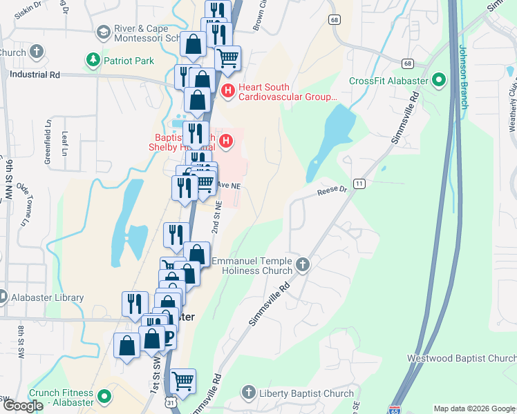 map of restaurants, bars, coffee shops, grocery stores, and more near 739 3rd Street Northeast in Alabaster