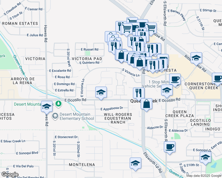 map of restaurants, bars, coffee shops, grocery stores, and more near 20447 East Domingo Road in Queen Creek