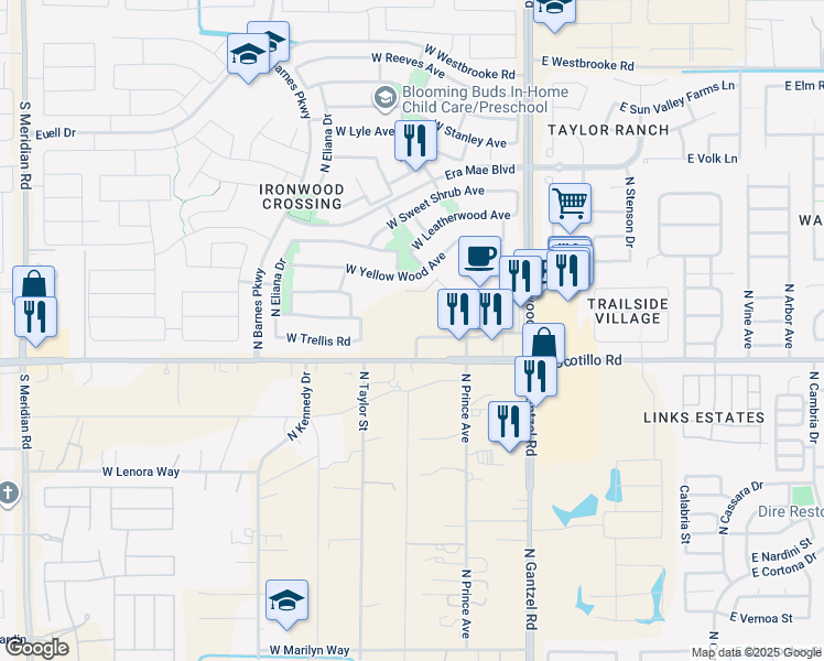 map of restaurants, bars, coffee shops, grocery stores, and more near 481 West Yellow Wood Avenue in San Tan Valley