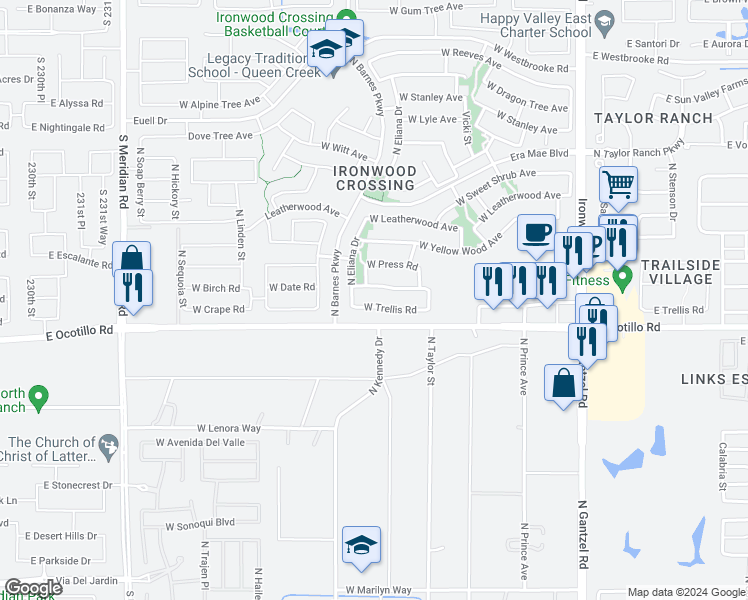 map of restaurants, bars, coffee shops, grocery stores, and more near 830 West Trellis Road in San Tan Valley